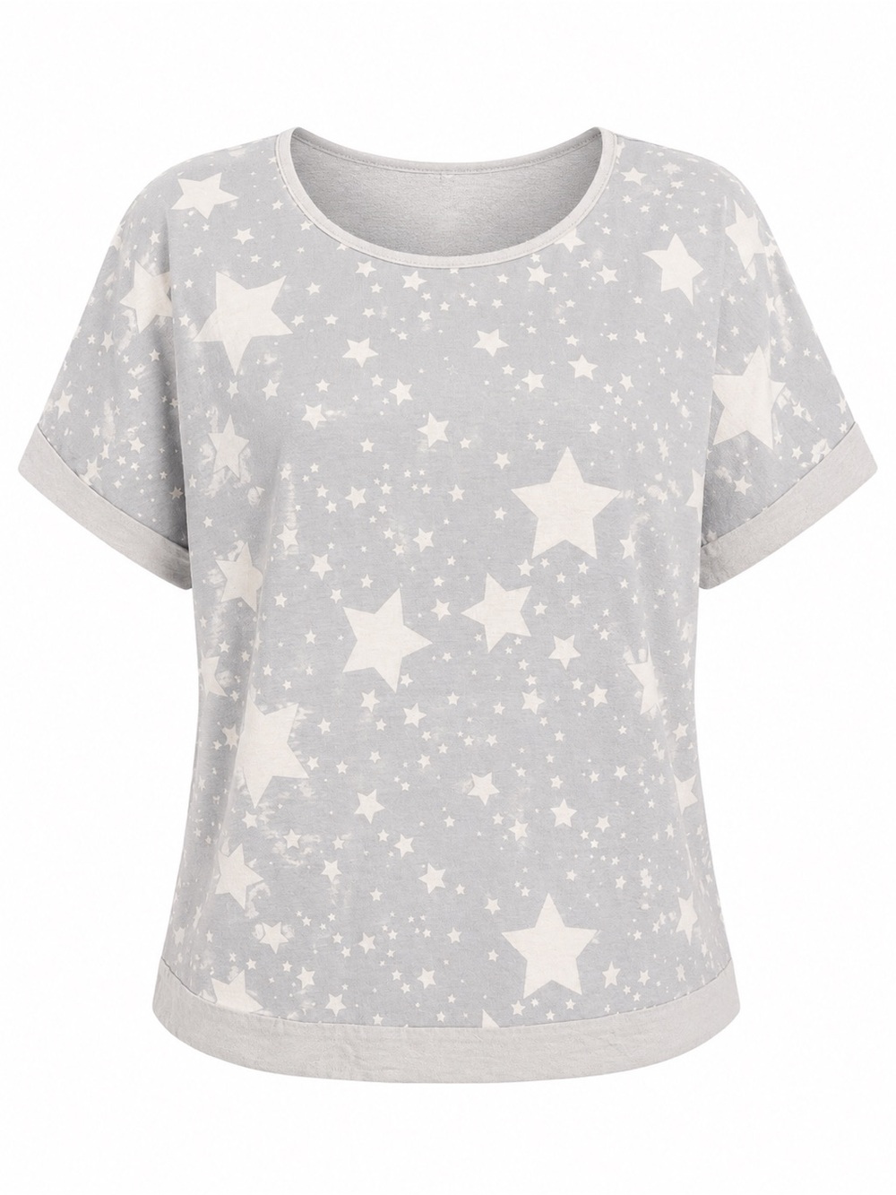 Woman’s Gray Star Print Pajama Top Relaxed Fit Sleep Shirt Soft Lounge Tee